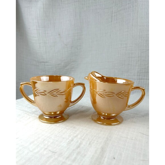 Fire King Peach Luster Laurel Leaf Design Vintage Sugar And Creamer Set - Picture 5 of 9